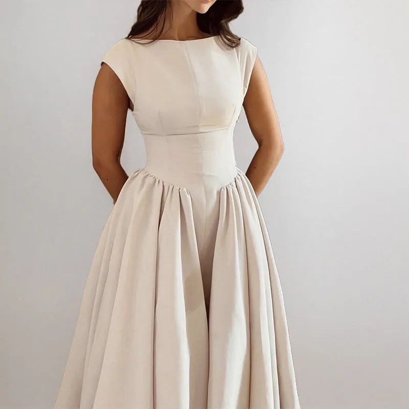 Womens Sleeveless Midi Dress  Fitted Waist  A-Line  Back Cut-Out  Formal Wear