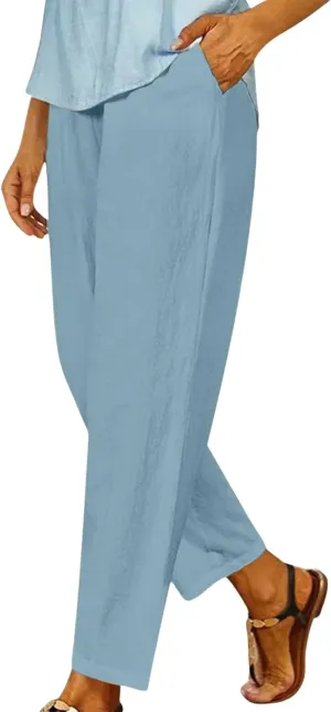 Women's Solid Cotton Linen Straight Pants Casual Loose Elastic Waist Wide Leg Trousers Summer Lounge Palazzo Beach Pants