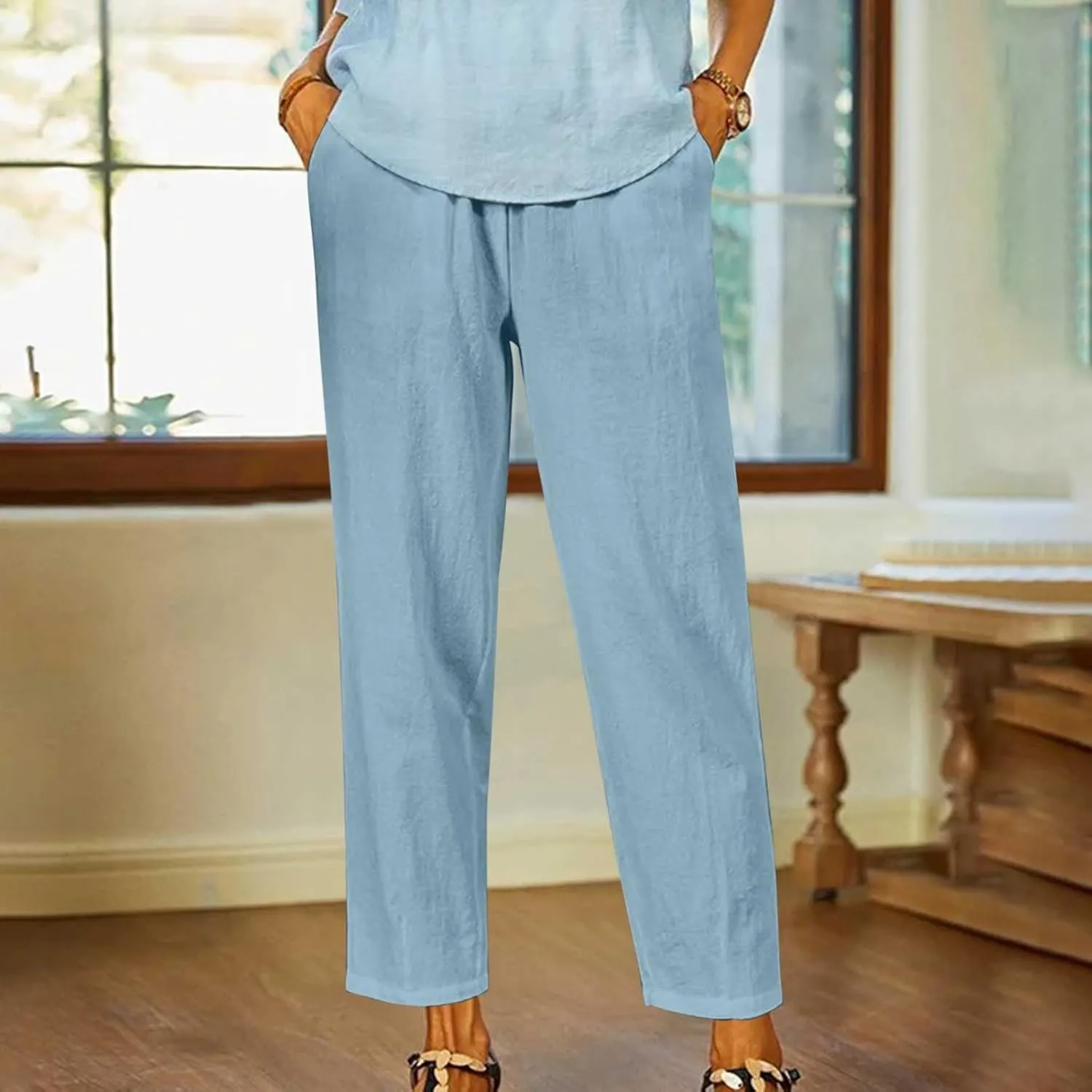 Women's Solid Cotton Linen Straight Pants Casual Loose Elastic Waist Wide Leg Trousers Summer Lounge Palazzo Beach Pants