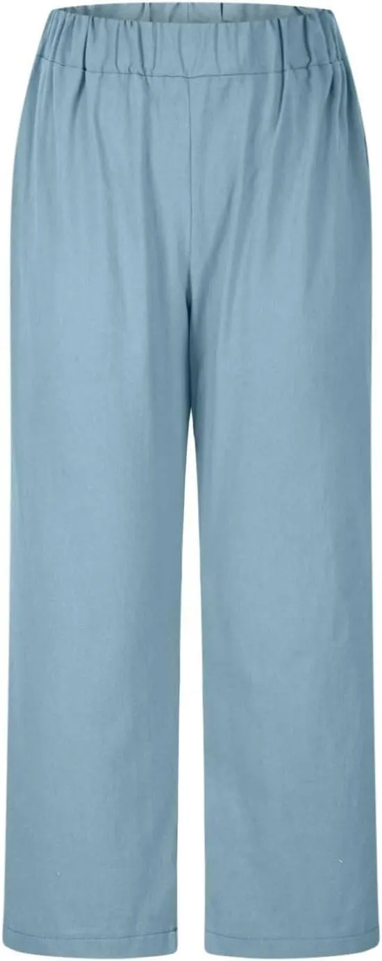 Women's Solid Cotton Linen Straight Pants Casual Loose Elastic Waist Wide Leg Trousers Summer Lounge Palazzo Beach Pants