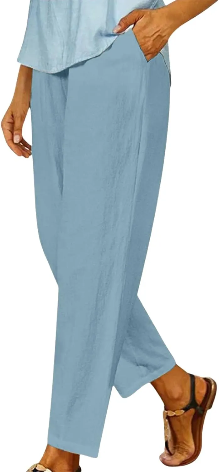 Women's Solid Cotton Linen Straight Pants Casual Loose Elastic Waist Wide Leg Trousers Summer Lounge Palazzo Beach Pants