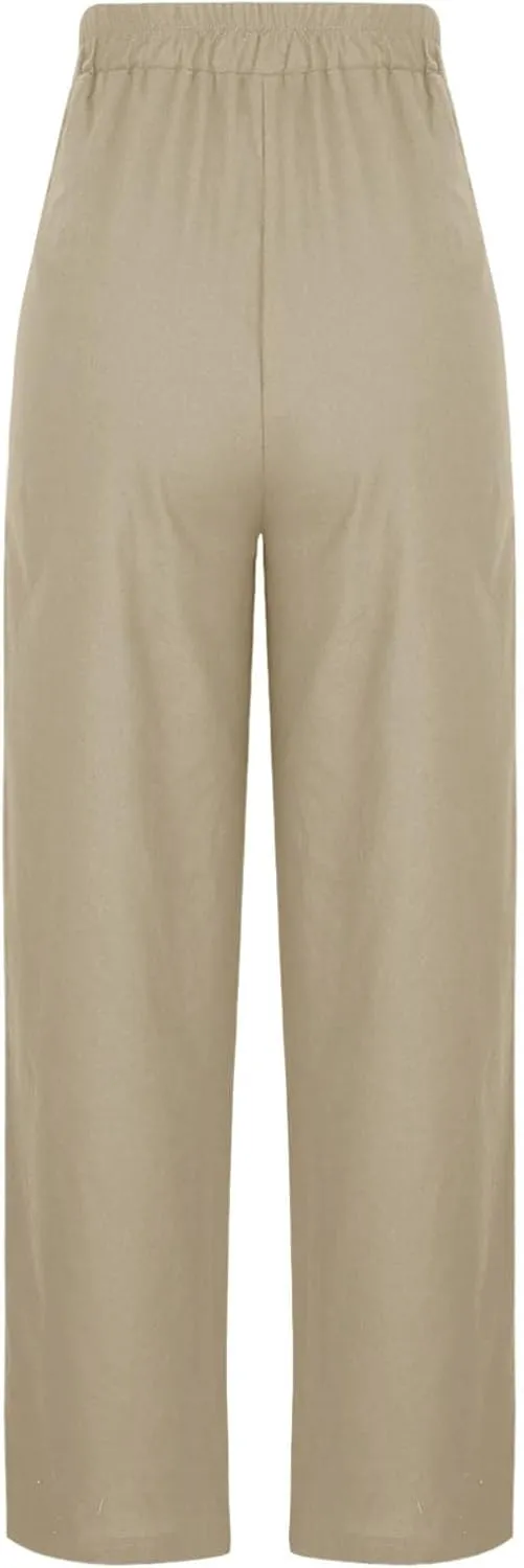 Women's Solid Cotton Linen Straight Pants Drawstring High Waisted Trousers Palazzo Trouser for Summer Office School Travel