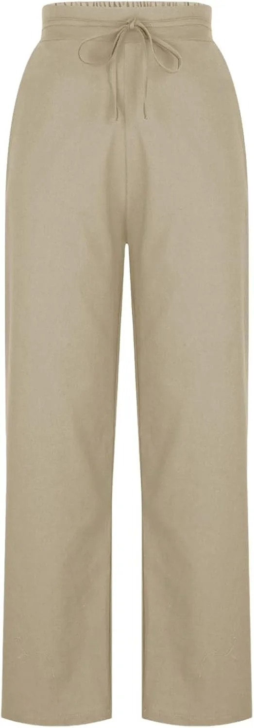 Women's Solid Cotton Linen Straight Pants Drawstring High Waisted Trousers Palazzo Trouser for Summer Office School Travel