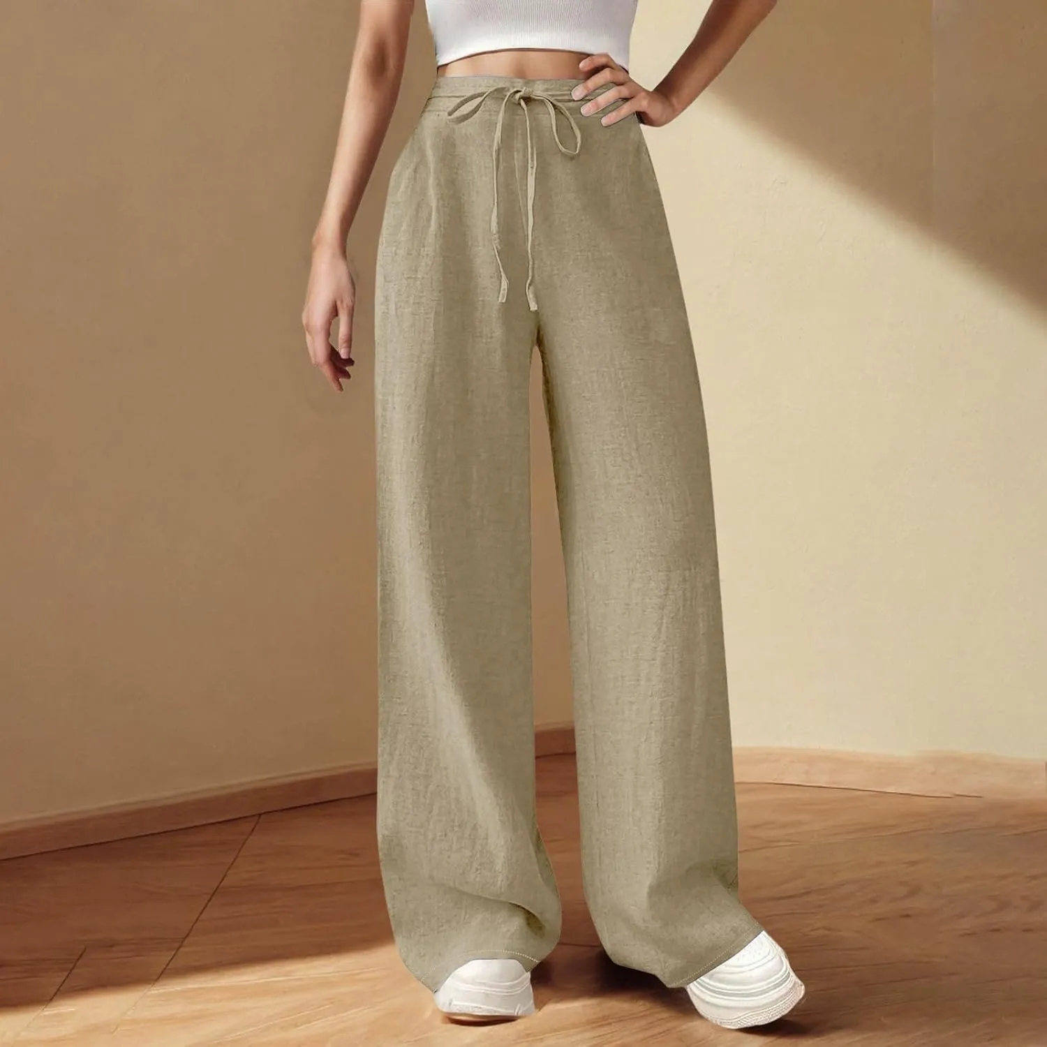 Women's Solid Cotton Linen Straight Pants Drawstring High Waisted Trousers Palazzo Trouser for Summer Office School Travel