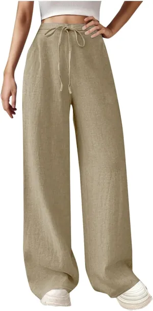 Women's Solid Cotton Linen Straight Pants Drawstring High Waisted Trousers Palazzo Trouser for Summer Office School Travel