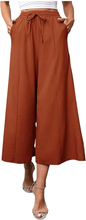 Womens Solid Pants Drawstring Elastic High Waisted Wide Leg Pant Summer Baggy Casual Trousers with Pockets