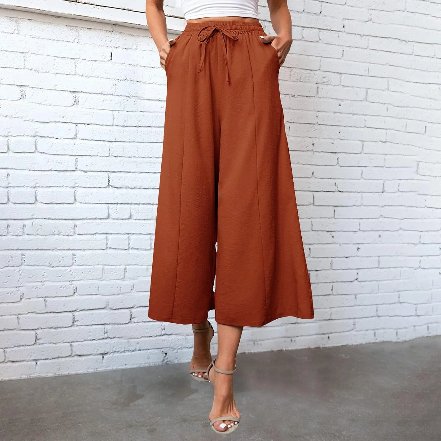 Womens Solid Pants Drawstring Elastic High Waisted Wide Leg Pant Summer Baggy Casual Trousers with Pockets