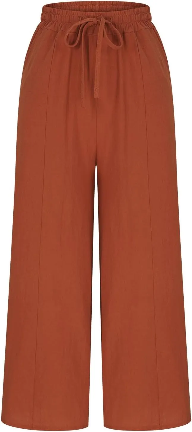 Womens Solid Pants Drawstring Elastic High Waisted Wide Leg Pant Summer Baggy Casual Trousers with Pockets