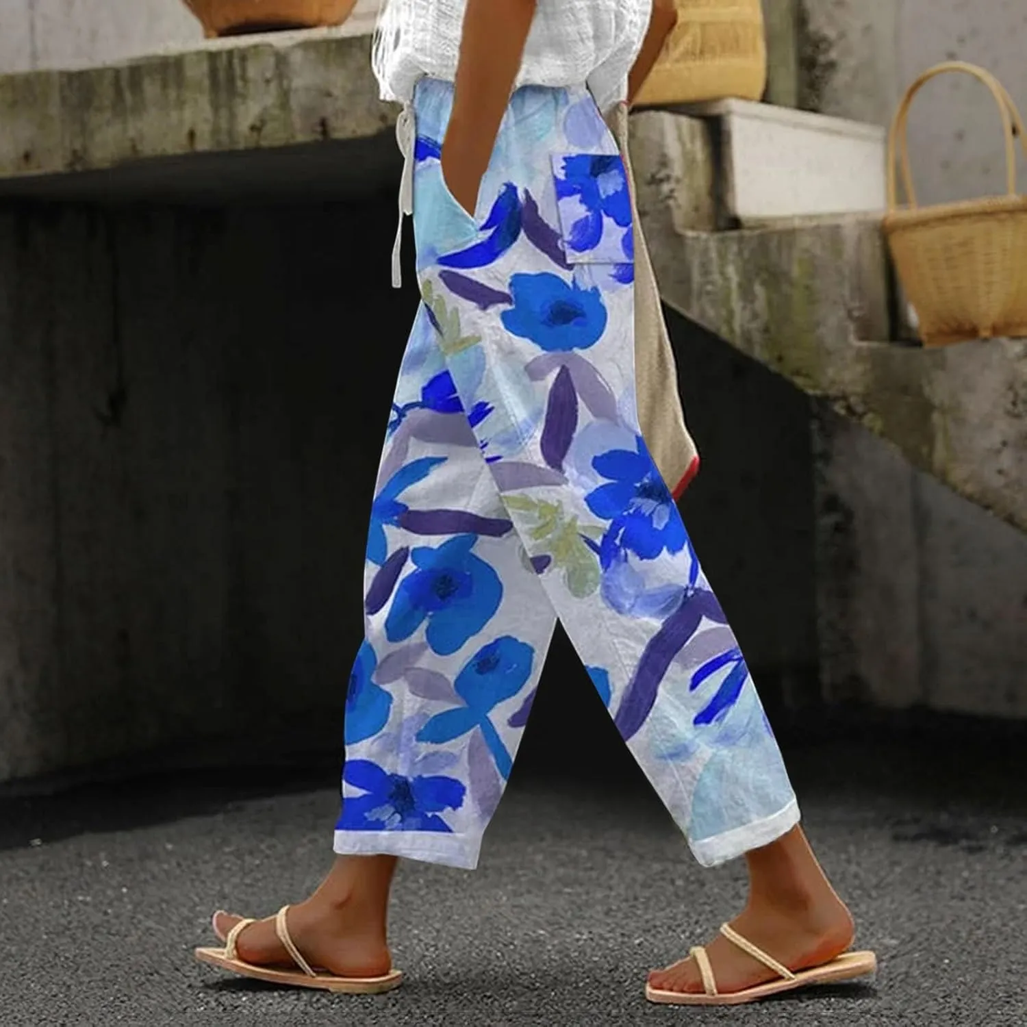 Women's Solid Striped Linen Capris Capri Pants with Pockets Wide Leg Cropped Pants for Women Linen Capris for Women