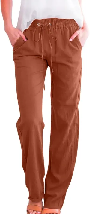Women's Straight Leg Long Pants with Pockets Elastic High Waist Drawstring Pants Solid Color Trendy Casual Trousers Womens Trousers High Waisted,Brown,L