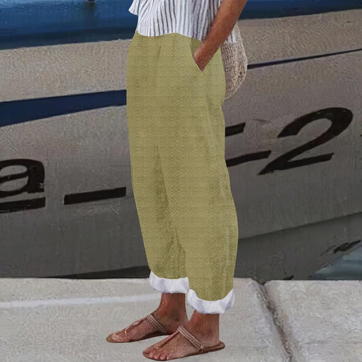Women's Striped Cotton Linen Wide Leg Pants Summer Casual Comfy Pants Elastic Waist Breathable Fashionable Trousers