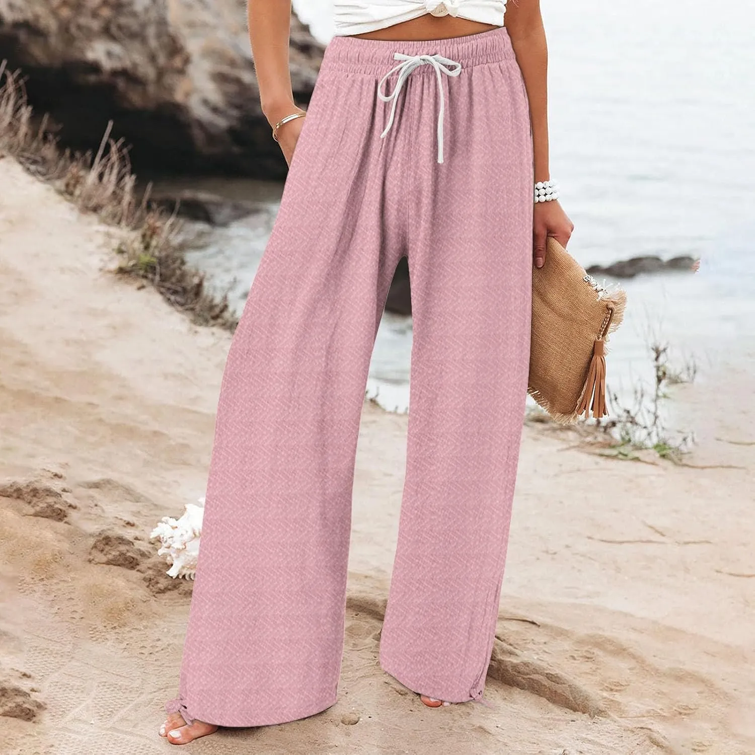 Women's Striped Cotton Linen Wide Leg Pants Summer Casual Comfy Pants with Pockets 2025 Drawstring Elastic Waist Trousers