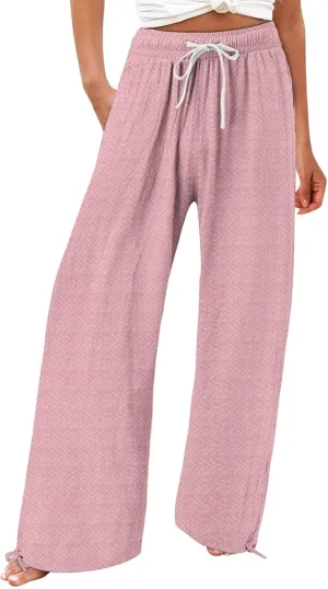 Women's Striped Cotton Linen Wide Leg Pants Summer Casual Comfy Pants with Pockets 2025 Drawstring Elastic Waist Trousers