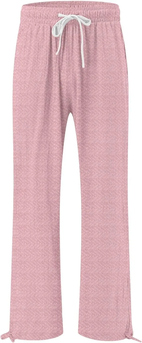 Women's Striped Cotton Linen Wide Leg Pants Summer Casual Comfy Pants with Pockets 2025 Drawstring Elastic Waist Trousers