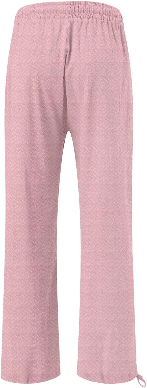 Women's Striped Cotton Linen Wide Leg Pants Summer Casual Comfy Pants with Pockets 2025 Drawstring Elastic Waist Trousers