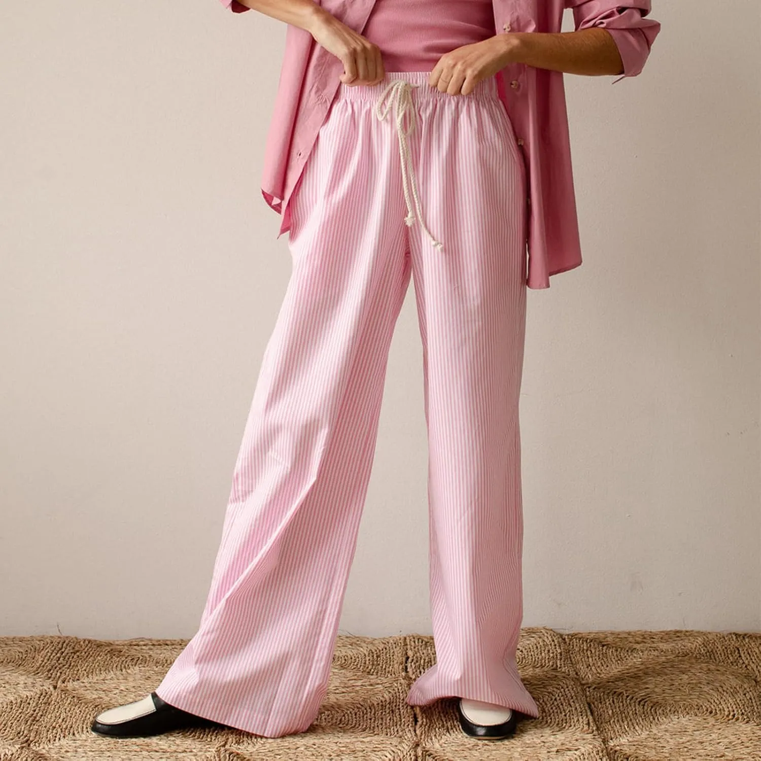 Womens Striped Wide Leg Pants Casual Loose Elastic High Waist Drawstring Trousers Lounge Pajama Pants Bottoms