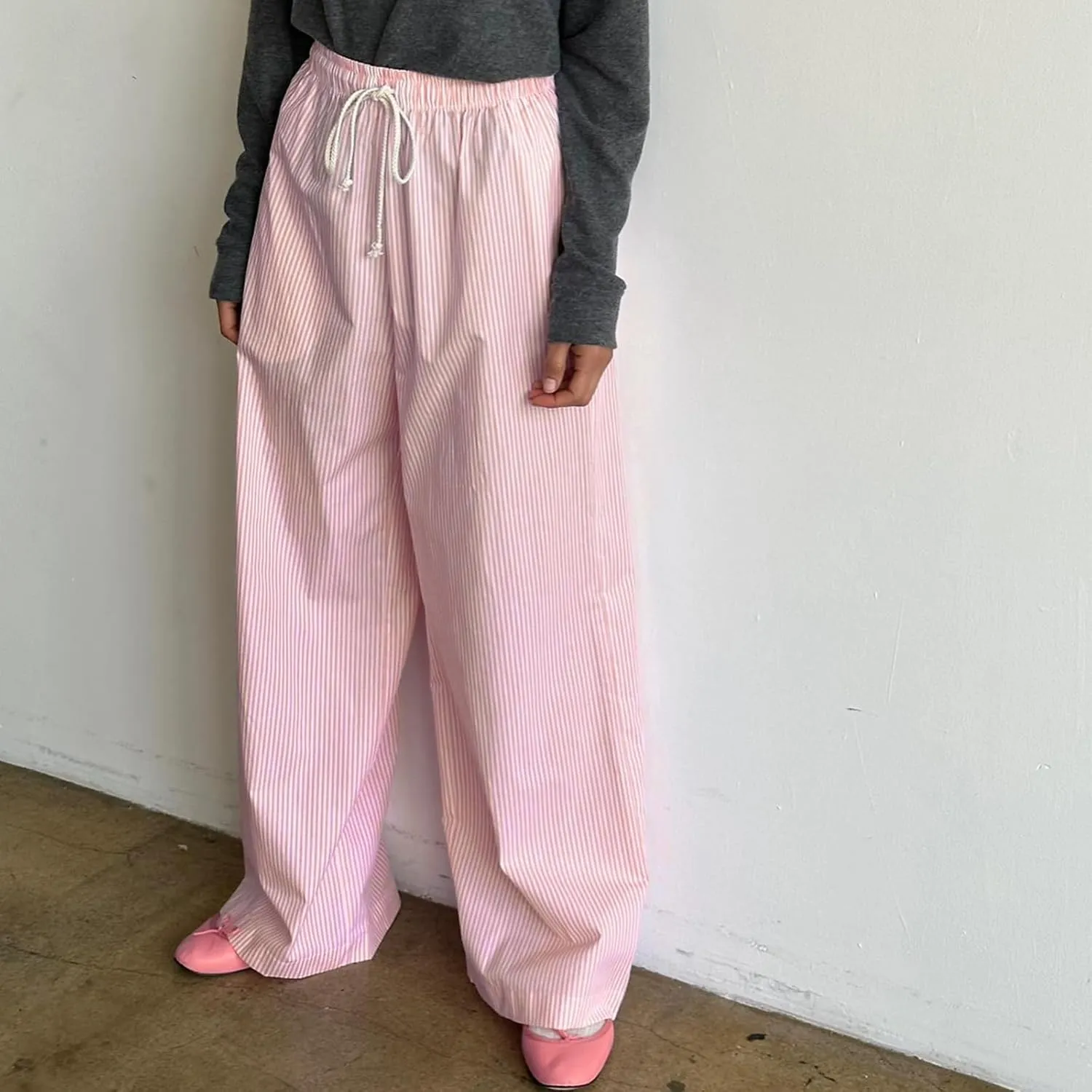 Womens Striped Wide Leg Pants Casual Loose Elastic High Waist Drawstring Trousers Lounge Pajama Pants Bottoms