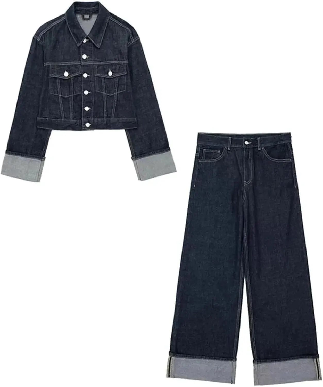 Women's Suit Single Breasted Pocket Denim Jacket and High-Waisted Zippered Wide-Leg Pants 2-Piece Set