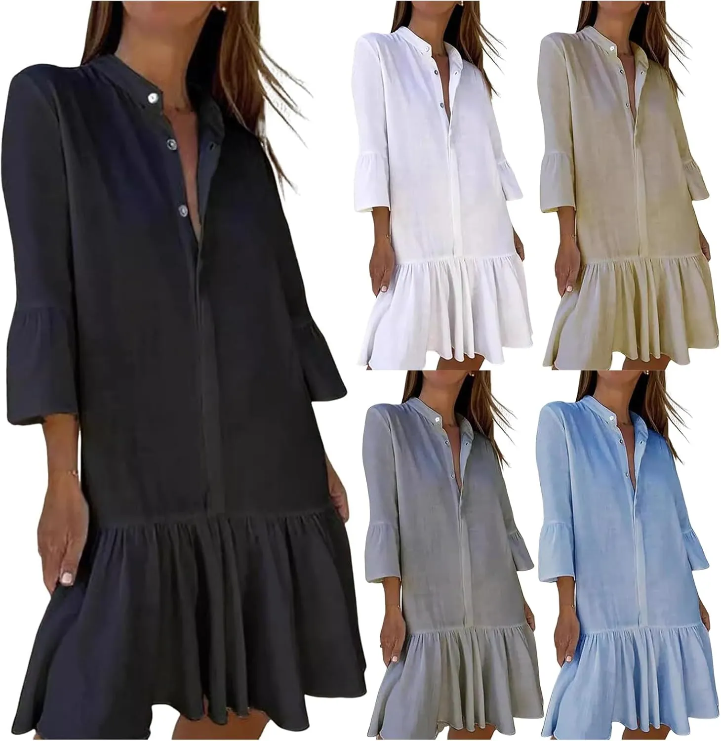 Womens Summer Button Down Shirt Dress Casual Loose Modest Long Ruffle Dresses Sexy V Neck Sundress Beach Dress
