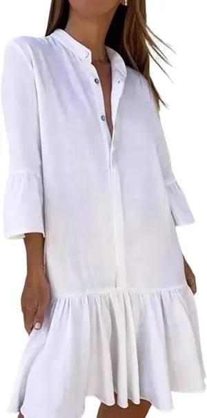 Womens Summer Button Down Shirt Dress Casual Loose Modest Long Ruffle Dresses Sexy V Neck Sundress Beach Dress