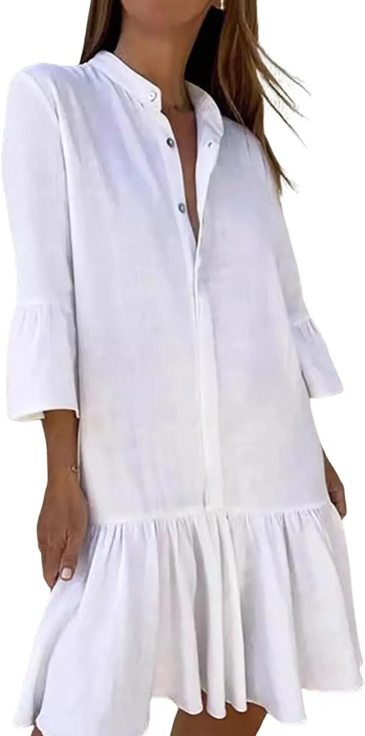 Womens Summer Button Down Shirt Dress Casual Loose Modest Long Ruffle Dresses Sexy V Neck Sundress Beach Dress