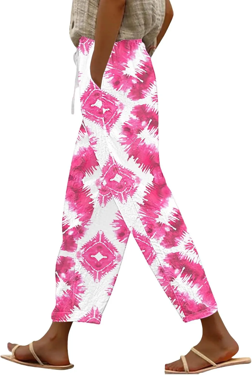 Women's Summer Casual Linen Pants Capri Pants with Pockets Wide Leg Cropped Pants for Women Crop Beach Trousers
