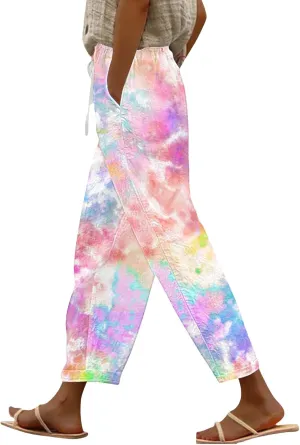 Women's Summer Casual Linen Pants Capri Pants with Pockets Wide Leg Cropped Pants for Women Crop Beach Trousers