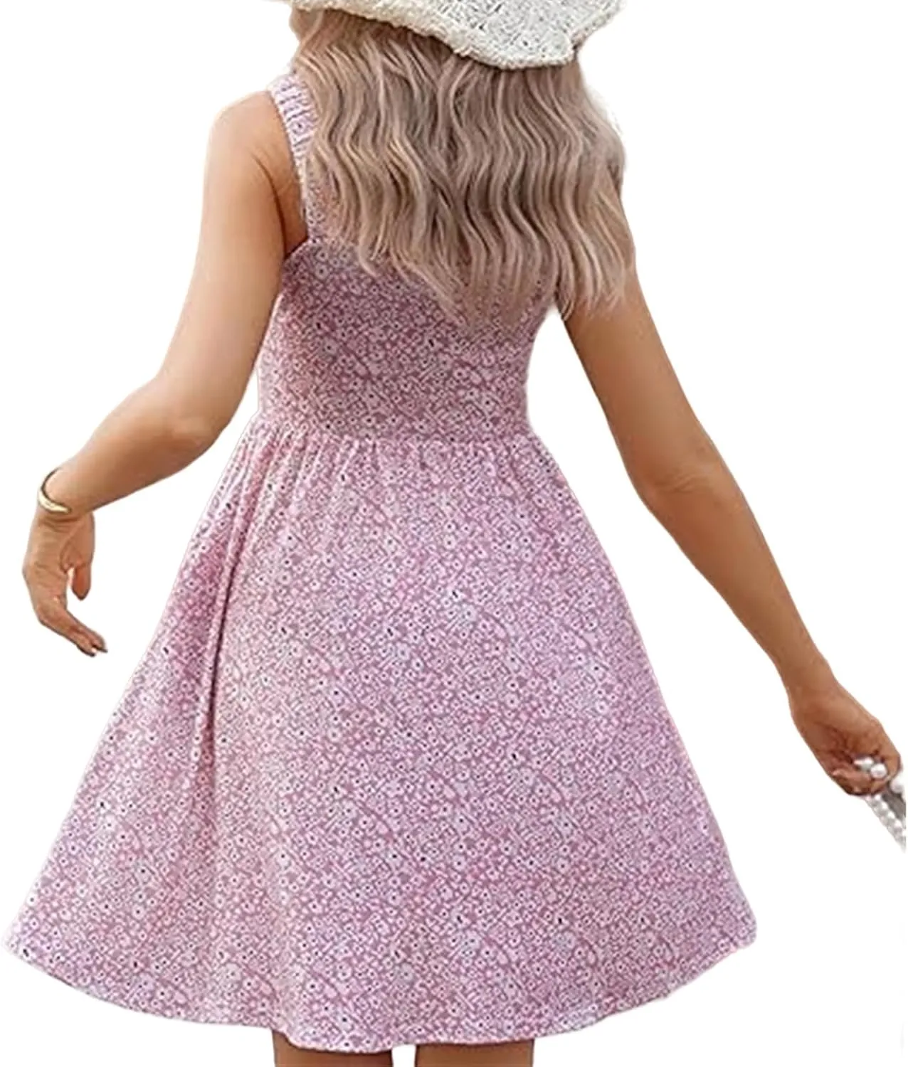 Women's Summer Dress Casual Square Neck Floral Dress Cute Sleeveless High Waist A-line Sundress Swing Mini Dresses