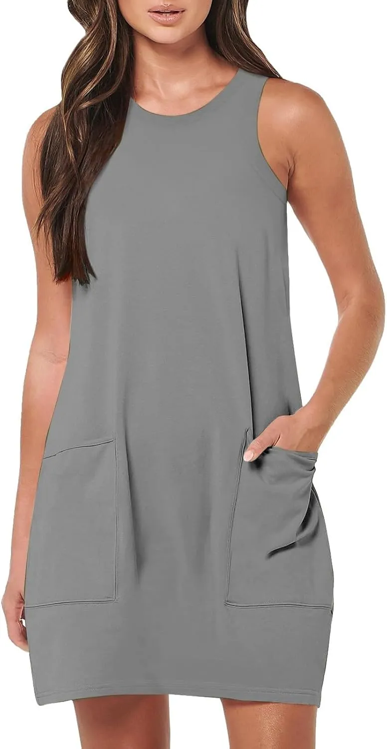 Womens Summer Dress Vacation Sleeveless Tank Crewneck A-Line Midi Dress Flowy Sundress Swing Party Short Dresses