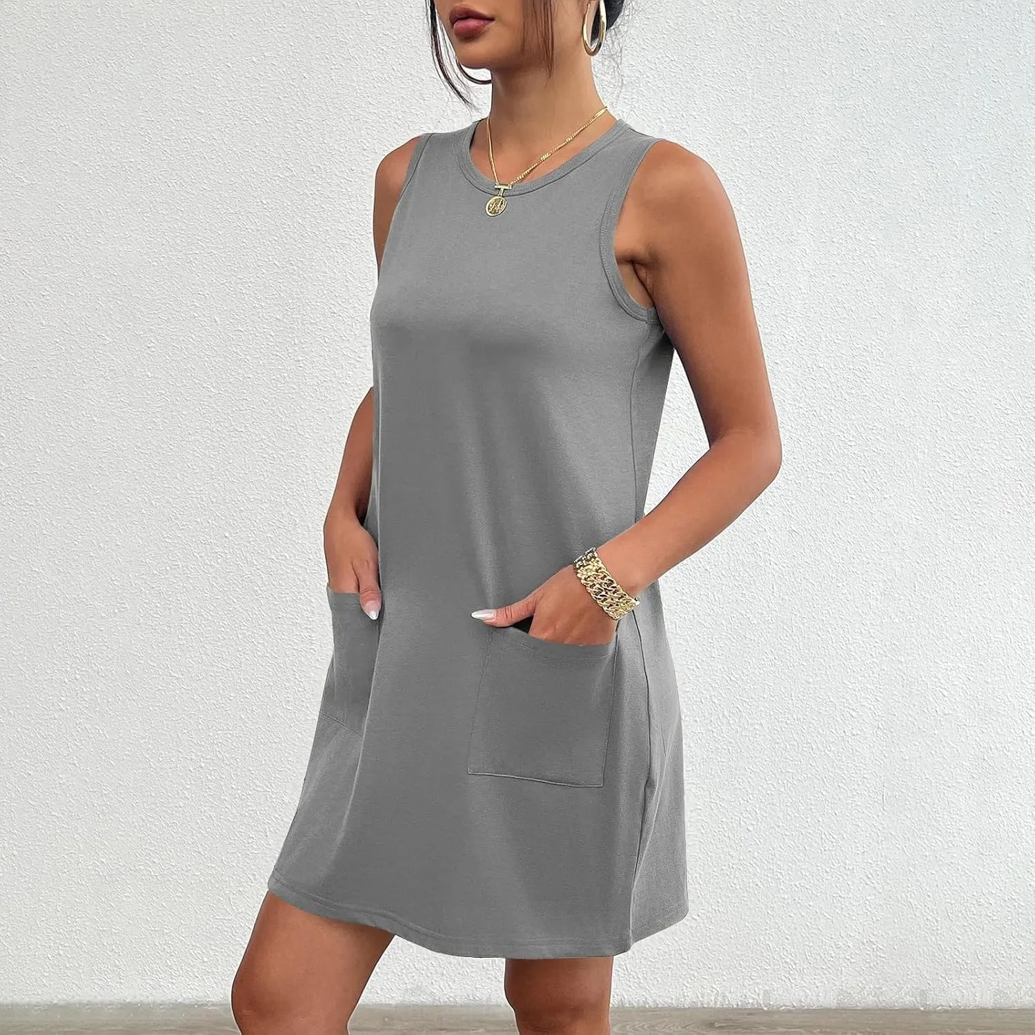 Womens Summer Dress Vacation Sleeveless Tank Crewneck A-Line Midi Dress Flowy Sundress Swing Party Short Dresses
