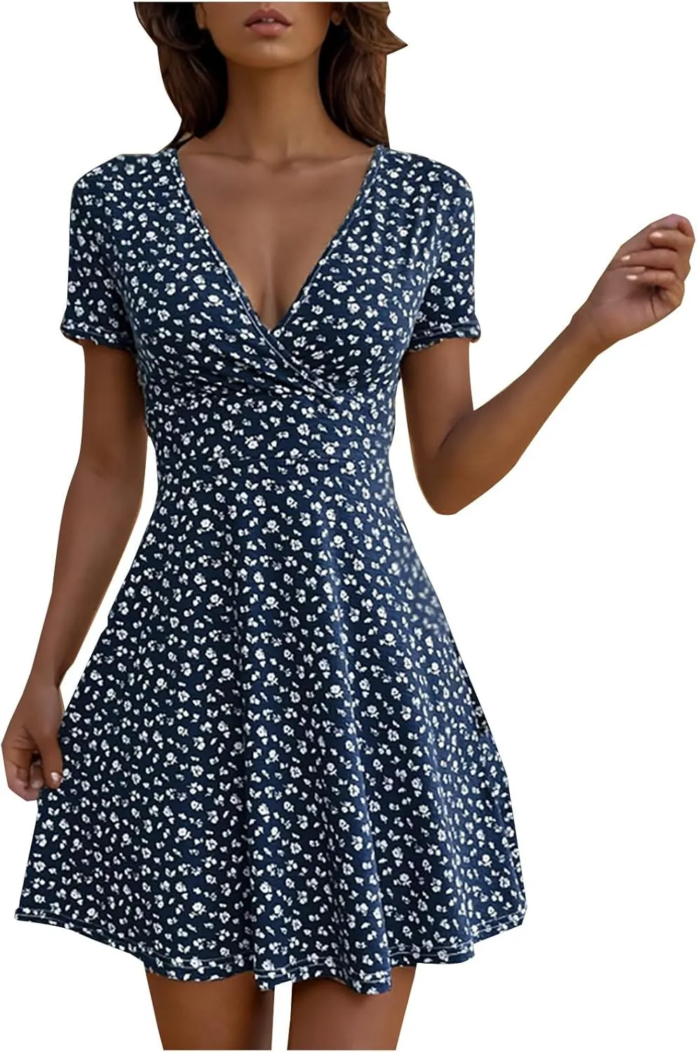 Womens Summer Dresses 2025 Deep V Neck Ruffle Floral Flowy Mini Dress Plus Size Wrap Mini Sunresses Vacation Beach Outfits
