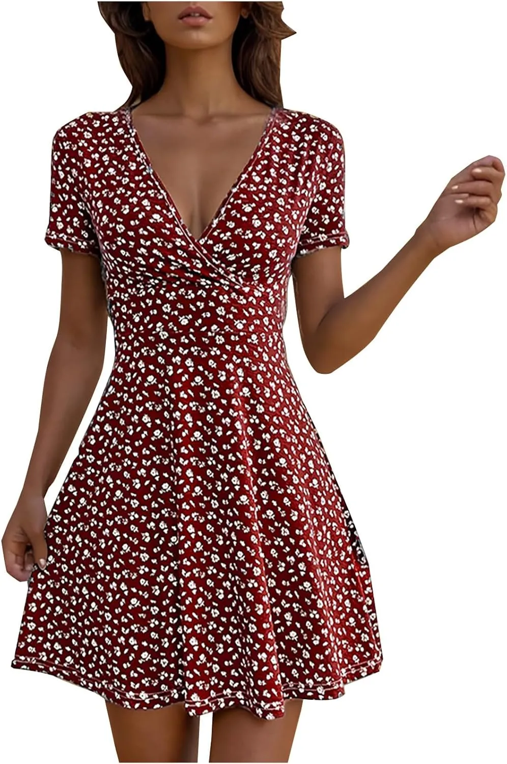 Womens Summer Dresses 2025 Deep V Neck Ruffle Floral Flowy Mini Dress Plus Size Wrap Mini Sunresses Vacation Beach Outfits