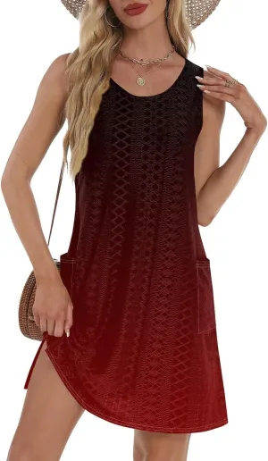 Womens Summer Dresses 2025 Eyelet Casual Loose V Neck Sleeveless Sundresses Tank Coverup Dresses with Pockets