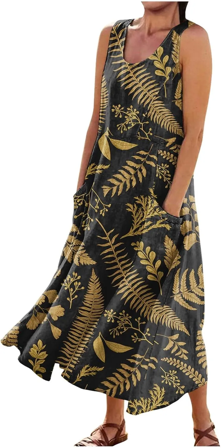 Womens Summer Dresses 2025 Sleeveless Scoop Neck Lightweight Loose Maxi Dress Casual A-Line Swing Long Sundress