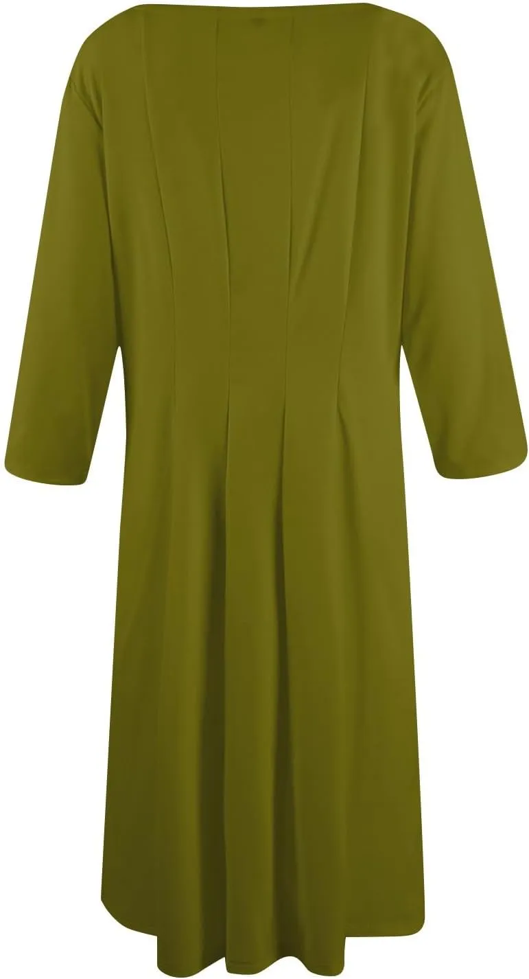 Womens Summer Dresses Crew Neck 3/4 Sleeve Dress Solid Color Wrap Dress Spring Midi Dresses Pleated with Pocket