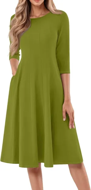 Womens Summer Dresses Crew Neck 3/4 Sleeve Dress Solid Color Wrap Dress Spring Midi Dresses Pleated with Pocket