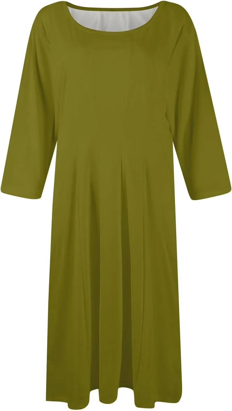 Womens Summer Dresses Crew Neck 3/4 Sleeve Dress Solid Color Wrap Dress Spring Midi Dresses Pleated with Pocket