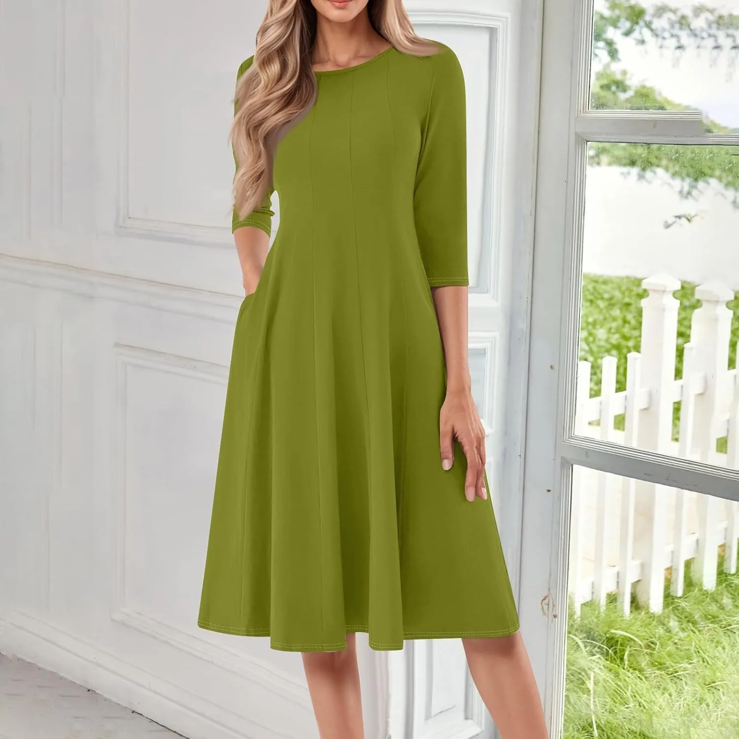 Womens Summer Dresses Crew Neck 3/4 Sleeve Dress Solid Color Wrap Dress Spring Midi Dresses Pleated with Pocket