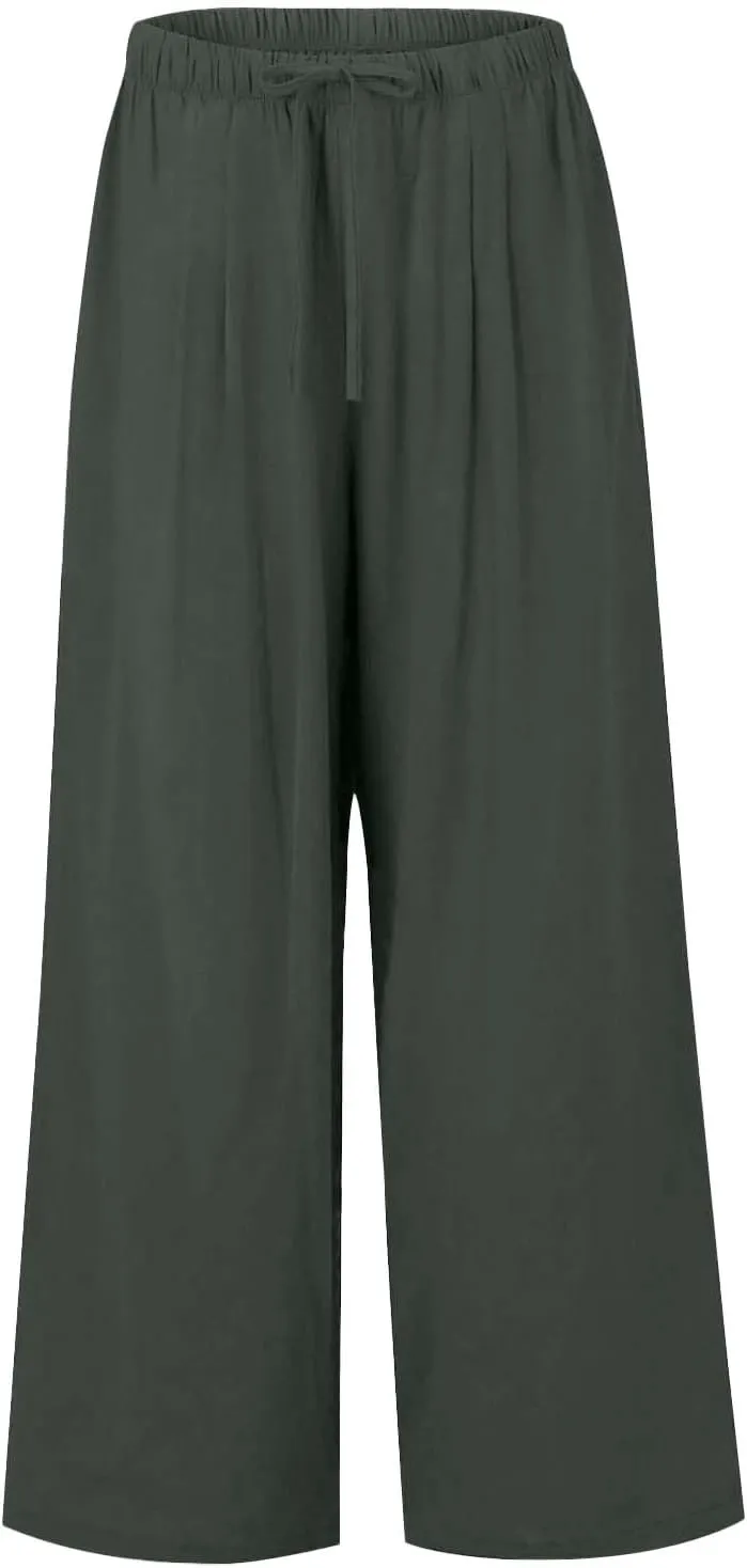 Women's Summer Elastic Waist Wide Leg Pants 2025 Solid Color Cotton Linen Lounge Comfy Plus Size Flowy Long Trousers