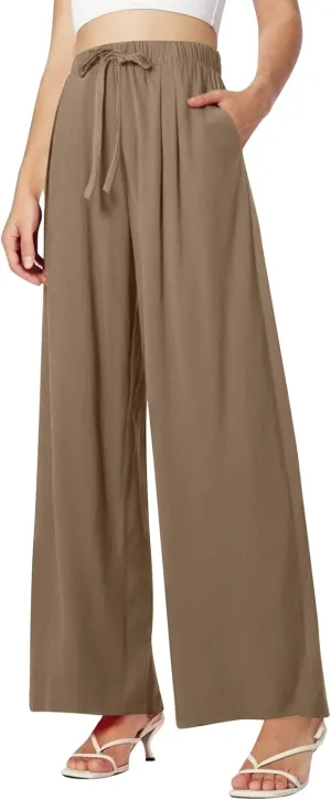 Women's Summer Elastic Waist Wide Leg Pants 2025 Solid Color Cotton Linen Lounge Comfy Plus Size Flowy Long Trousers
