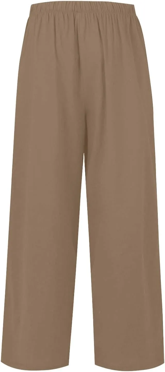 Women's Summer Elastic Waist Wide Leg Pants 2025 Solid Color Cotton Linen Lounge Comfy Plus Size Flowy Long Trousers
