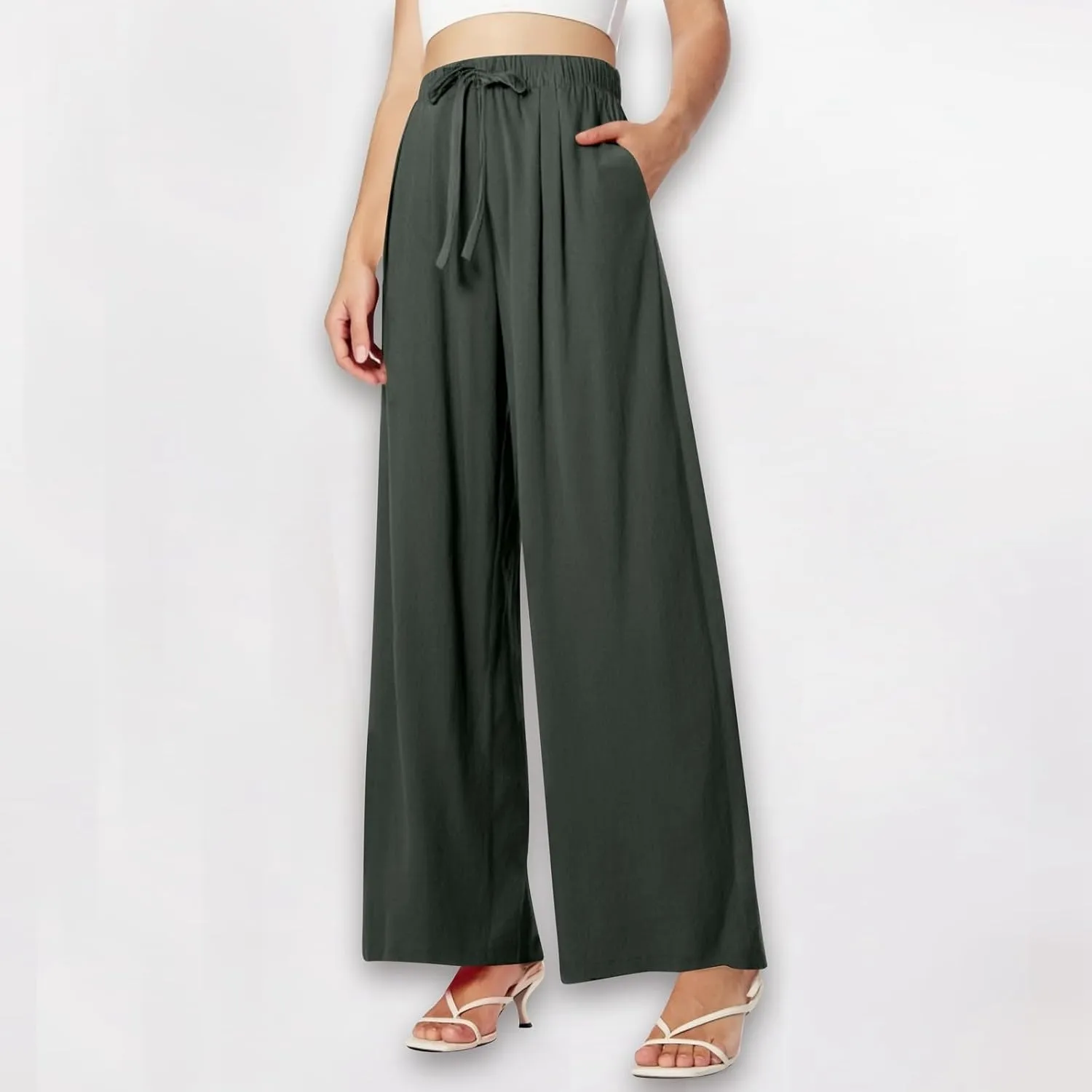 Women's Summer Elastic Waist Wide Leg Pants 2025 Solid Color Cotton Linen Lounge Comfy Plus Size Flowy Long Trousers