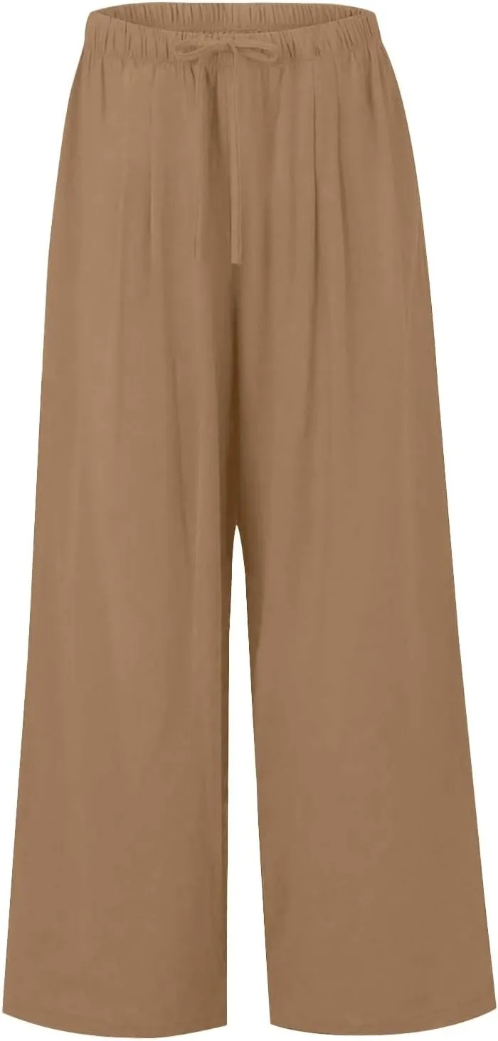 Women's Summer Elastic Waist Wide Leg Pants 2025 Solid Color Cotton Linen Lounge Comfy Plus Size Flowy Long Trousers