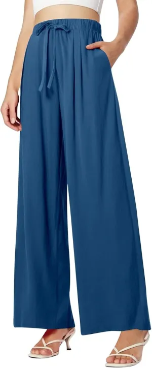 Women's Summer Elastic Waist Wide Leg Pants 2025 Solid Color Cotton Linen Lounge Comfy Plus Size Flowy Long Trousers