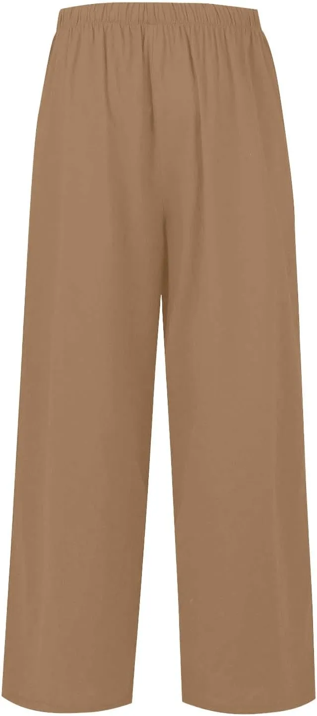 Women's Summer Elastic Waist Wide Leg Pants 2025 Solid Color Cotton Linen Lounge Comfy Plus Size Flowy Long Trousers