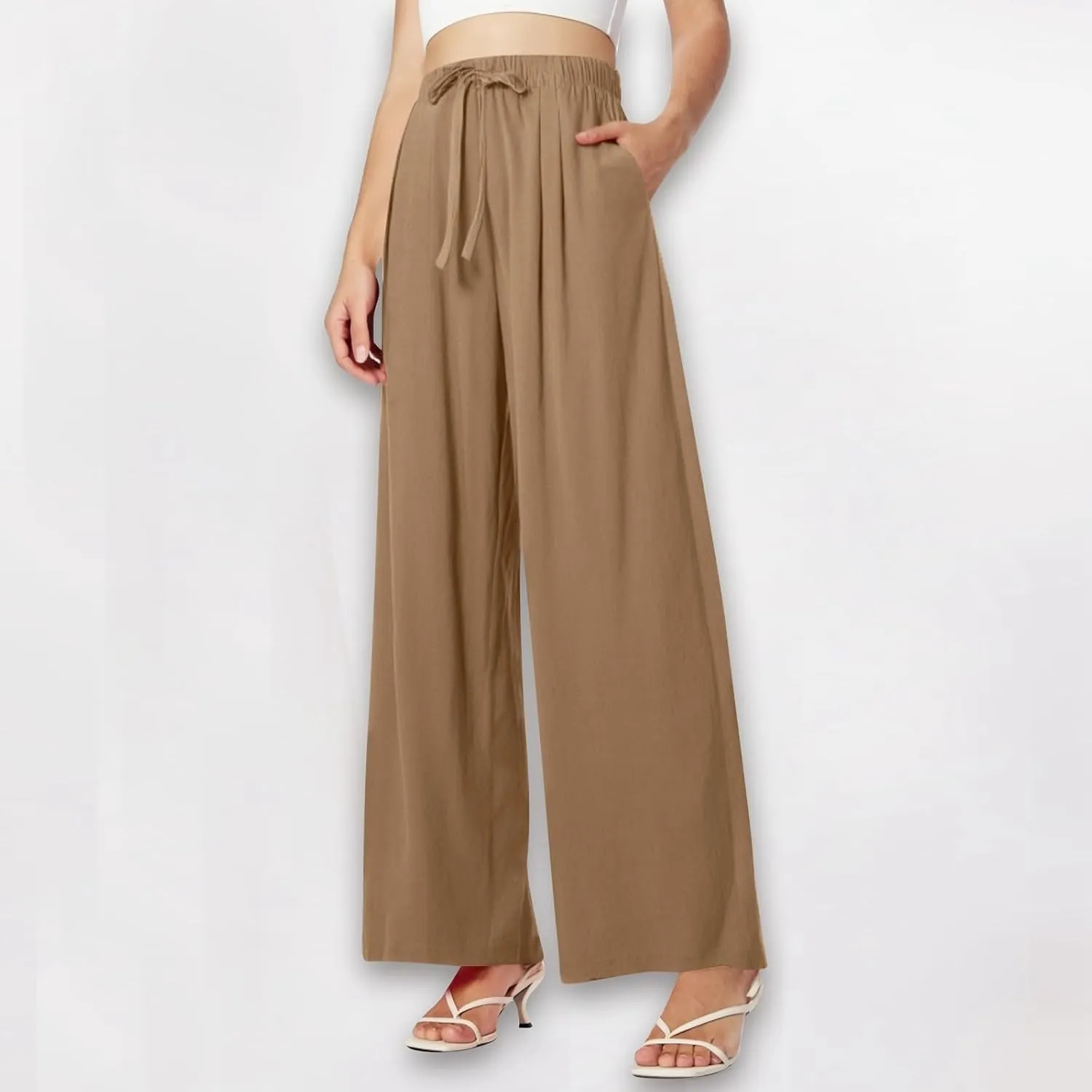 Women's Summer Elastic Waist Wide Leg Pants 2025 Solid Color Cotton Linen Lounge Comfy Plus Size Flowy Long Trousers