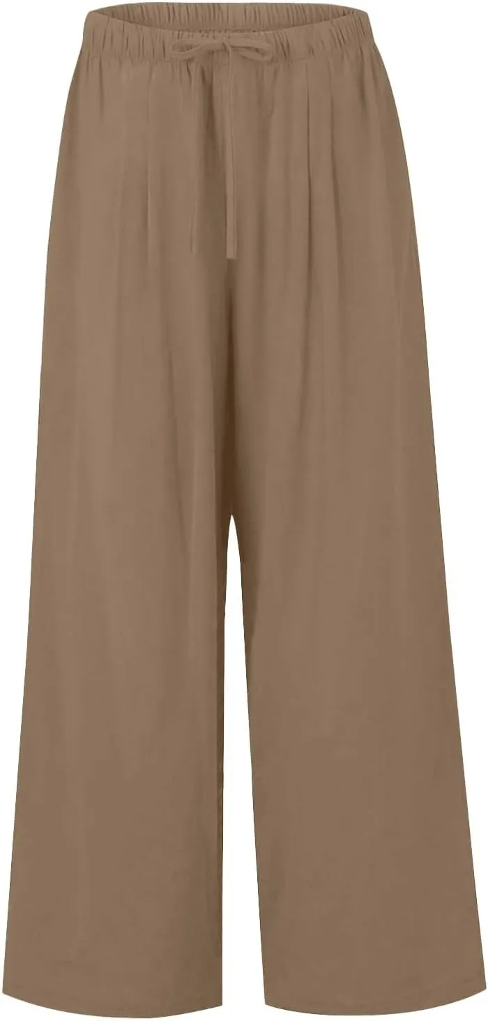 Women's Summer Elastic Waist Wide Leg Pants 2025 Solid Color Cotton Linen Lounge Comfy Plus Size Flowy Long Trousers