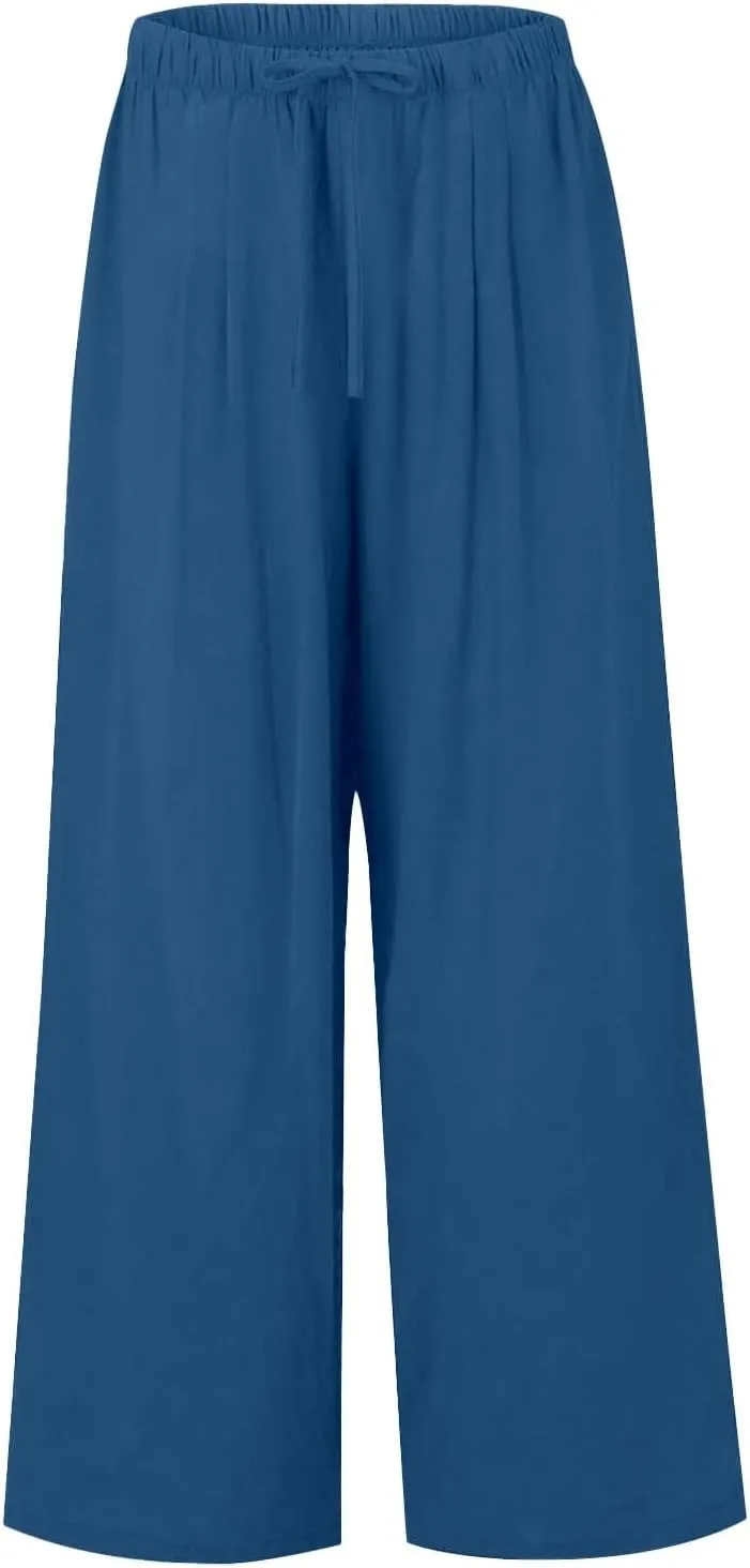 Women's Summer Elastic Waist Wide Leg Pants 2025 Solid Color Cotton Linen Lounge Comfy Plus Size Flowy Long Trousers