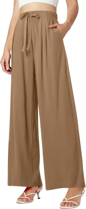 Women's Summer Elastic Waist Wide Leg Pants 2025 Solid Color Cotton Linen Lounge Comfy Plus Size Flowy Long Trousers