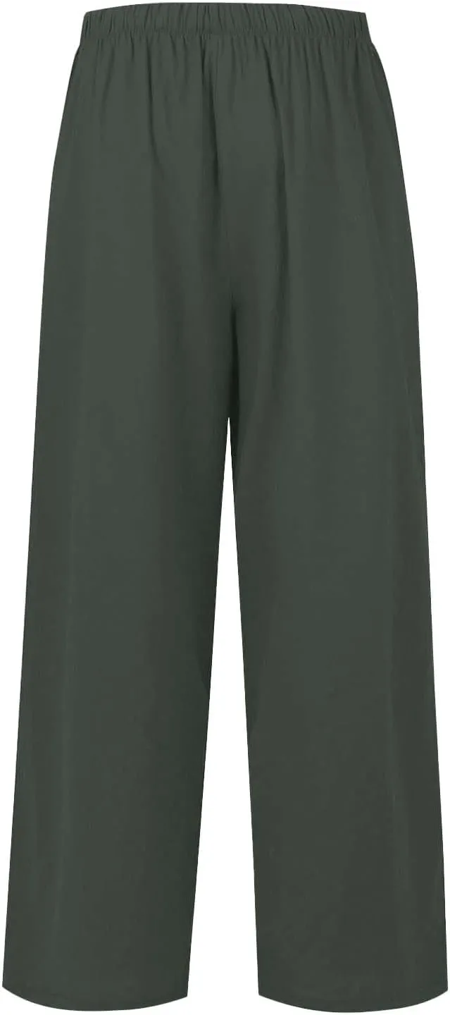 Women's Summer Elastic Waist Wide Leg Pants 2025 Solid Color Cotton Linen Lounge Comfy Plus Size Flowy Long Trousers